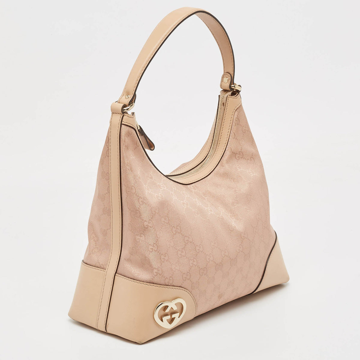 GUCCI Beige/Metallic Pink GG Canvas and Leather Medium Lovely Hobo