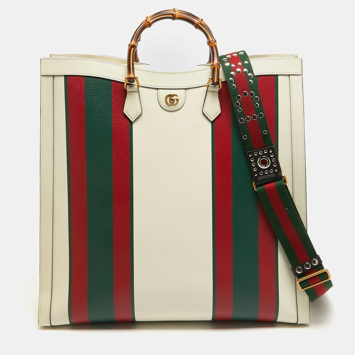 GUCCI Off White Leather Web Print Maxi Diana Tote