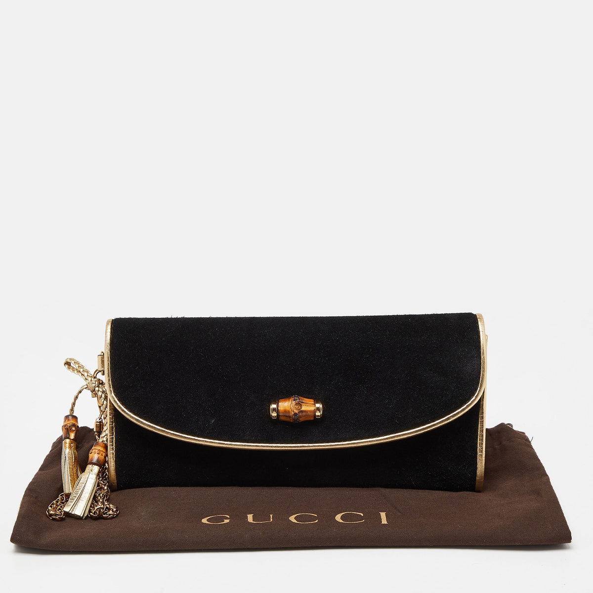 GUCCI Black/Gold Suede Bamboo Wristlet Clutch