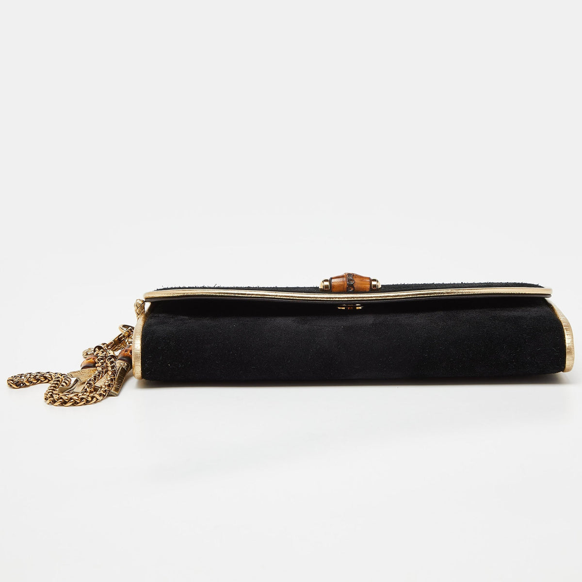 GUCCI Black/Gold Suede Bamboo Wristlet Clutch