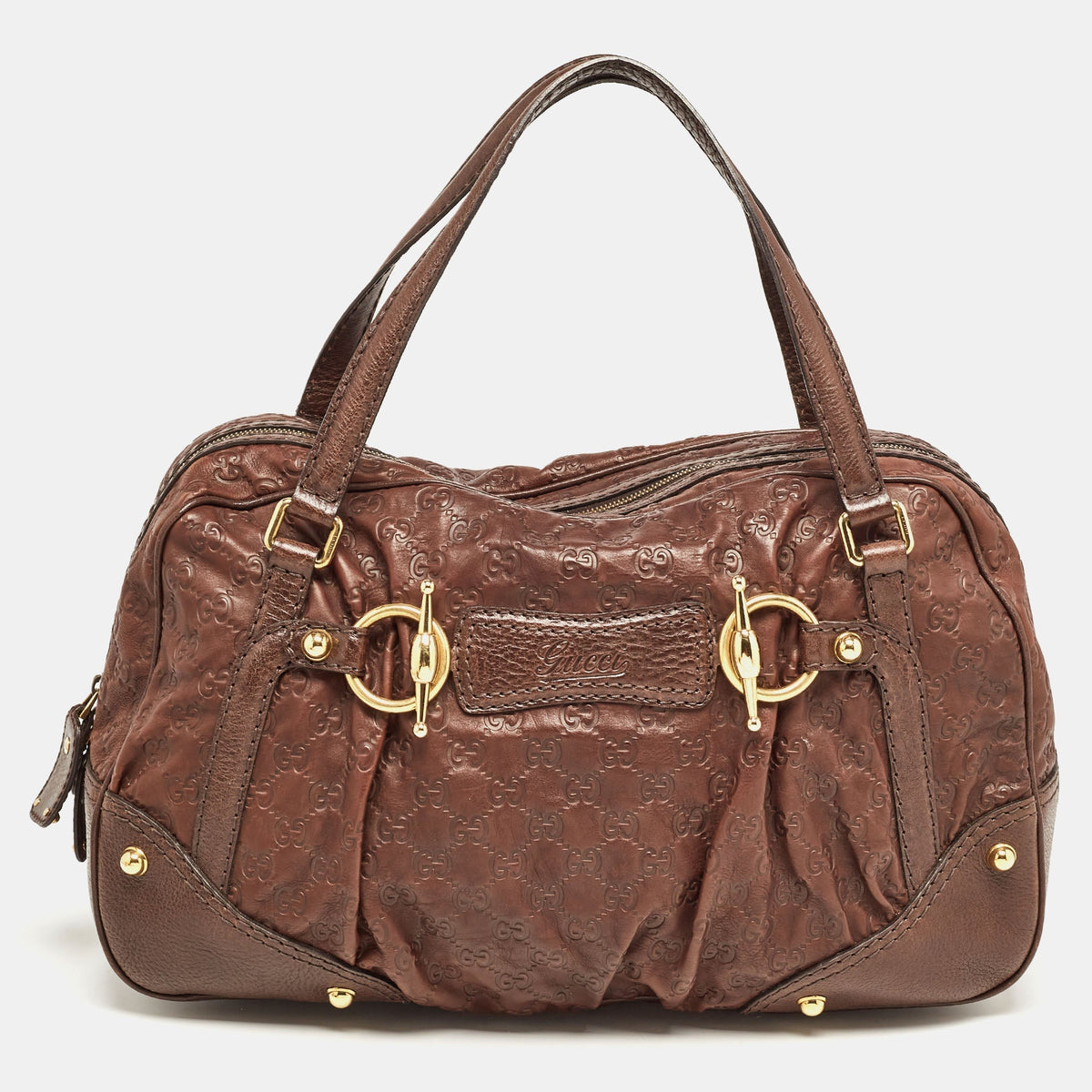 GUCCI Dark Brown ssima Leather Jockey Boston Bag