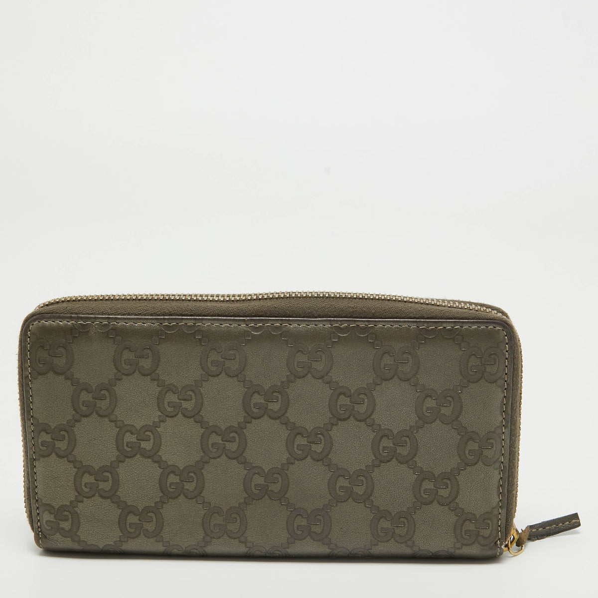 GUCCI Olive Green ssima Leather Zip Around Continental Wallet
