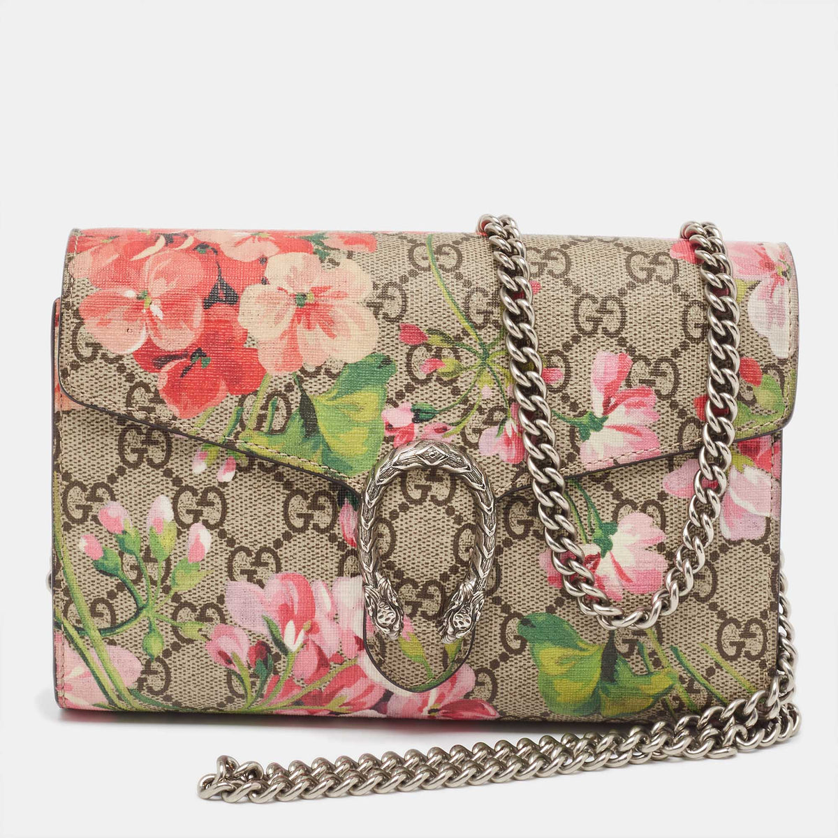 GUCCI Beige GG Supreme Canvas Blooms Dionysus Wallet On Chain