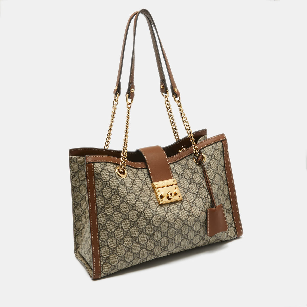 GUCCI Beige/Brown GG Supreme Canvas and Leather Medium Padlock Tote