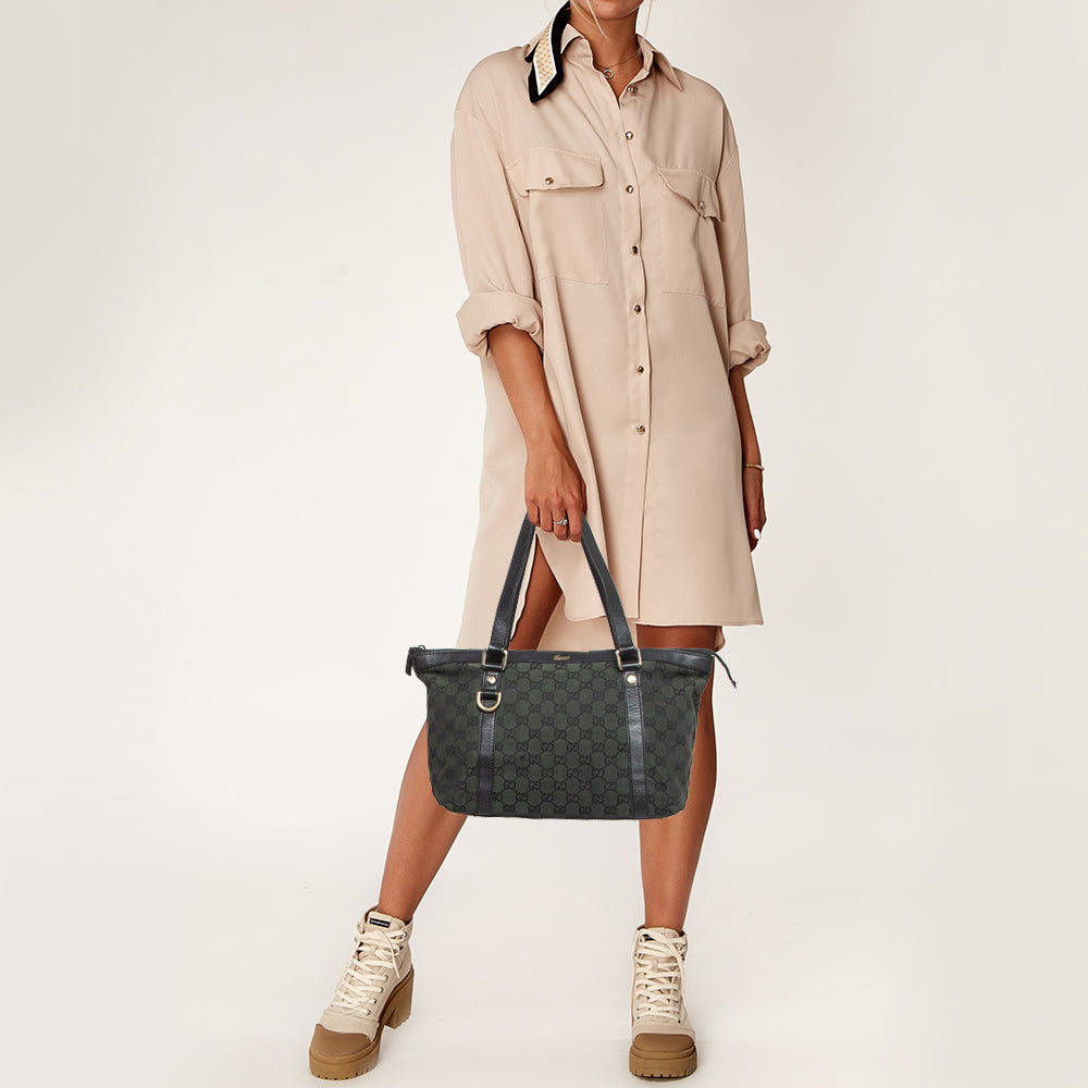 GUCCI Black/Green GG Canvas Medium Abbey Tote