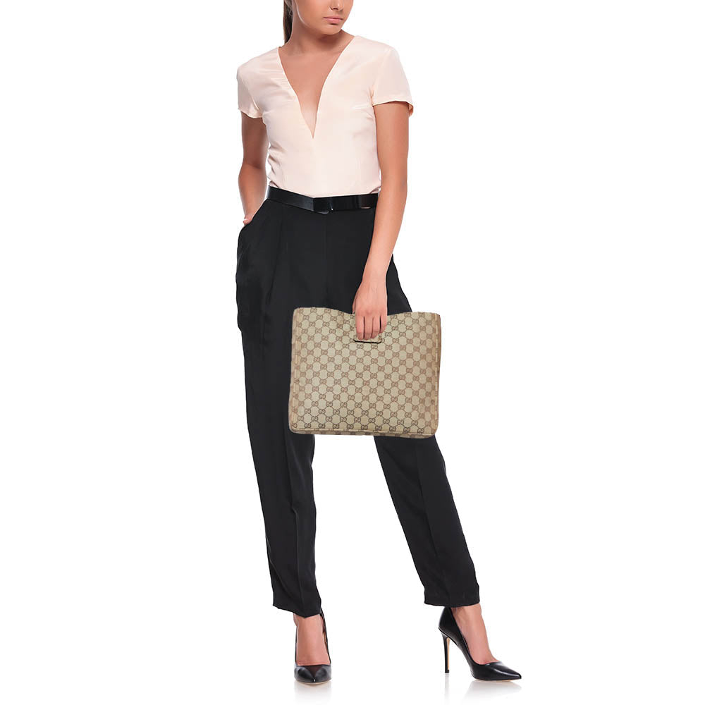 GUCCI Beige GG Canvas and Leather Clutch
