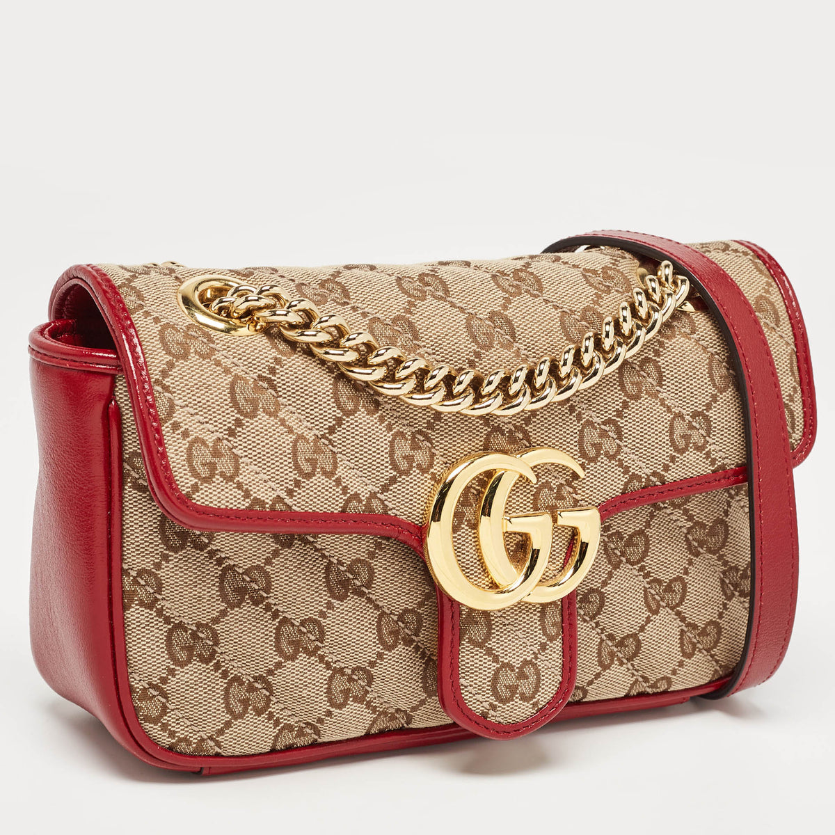 GUCCI Beige/Red Diagonal Canvas and Leather Mini GG Marmont Bag