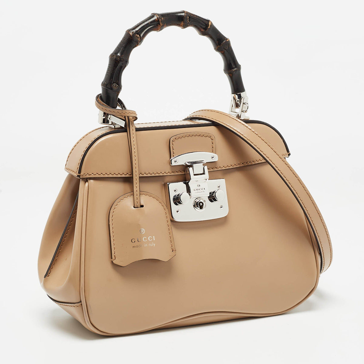 GUCCI Beige Glossy Leather Mini Lady Lock Bamboo Top Handle Bag