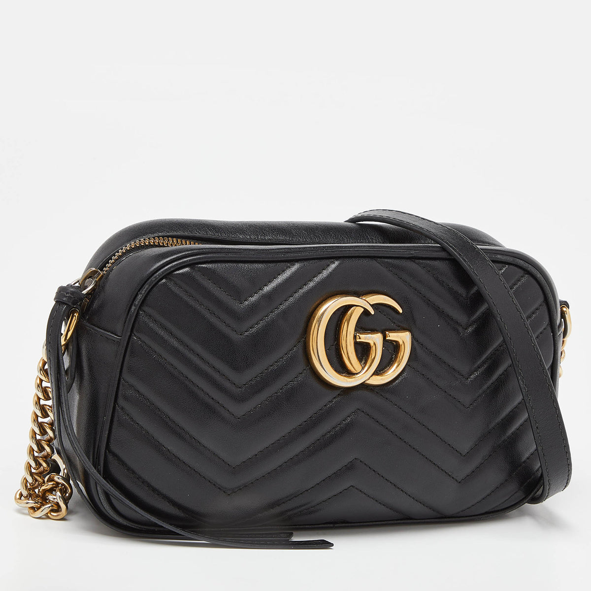 GUCCI Black Matelasse Leather GG Marmont Camera Crossbody Bag
