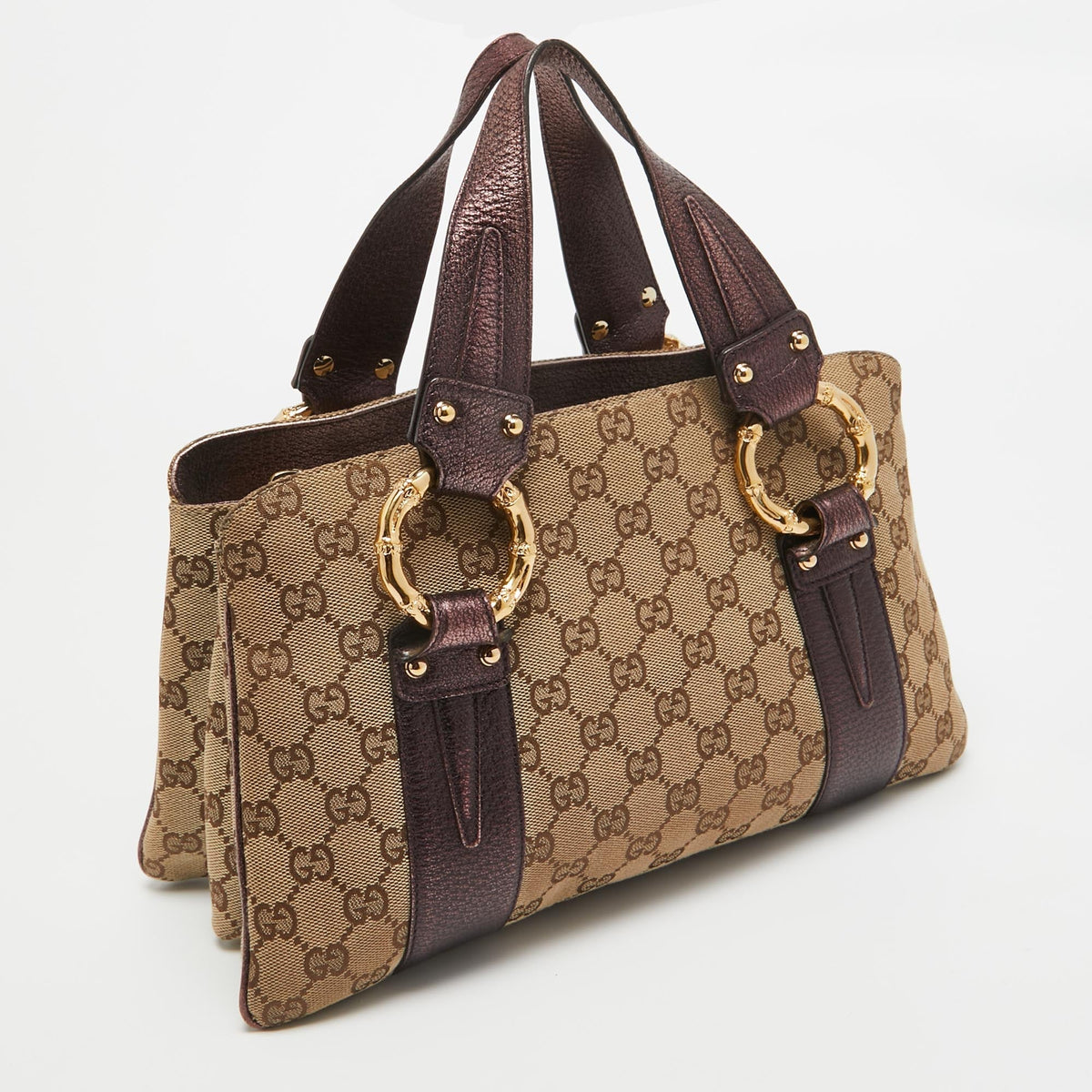 GUCCI Metallic Purple/Beige GG Canvas Metal Bamboo Ring Bag
