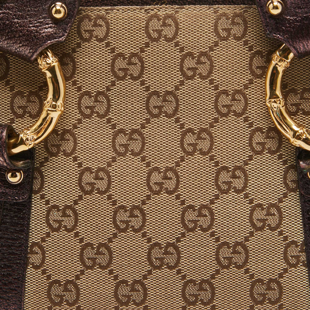 GUCCI Metallic Purple/Beige GG Canvas Metal Bamboo Ring Bag