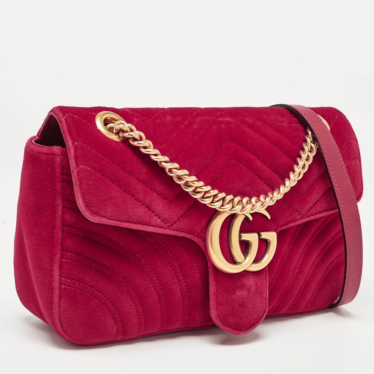 GUCCI Red Matelasse Velvet Small GG Marmont Shoulder Bag