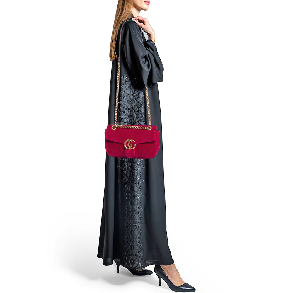 GUCCI Red Matelasse Velvet Small GG Marmont Shoulder Bag
