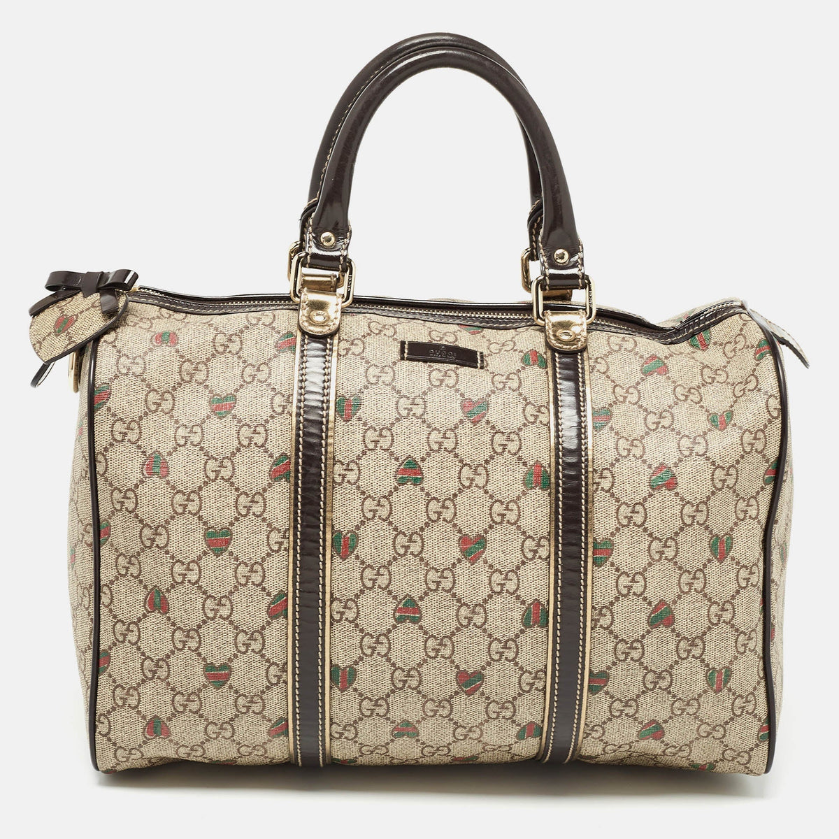 GUCCI Brown/Beige GG Supreme Canvas and Leather Medium Heart Joy Boston Bag