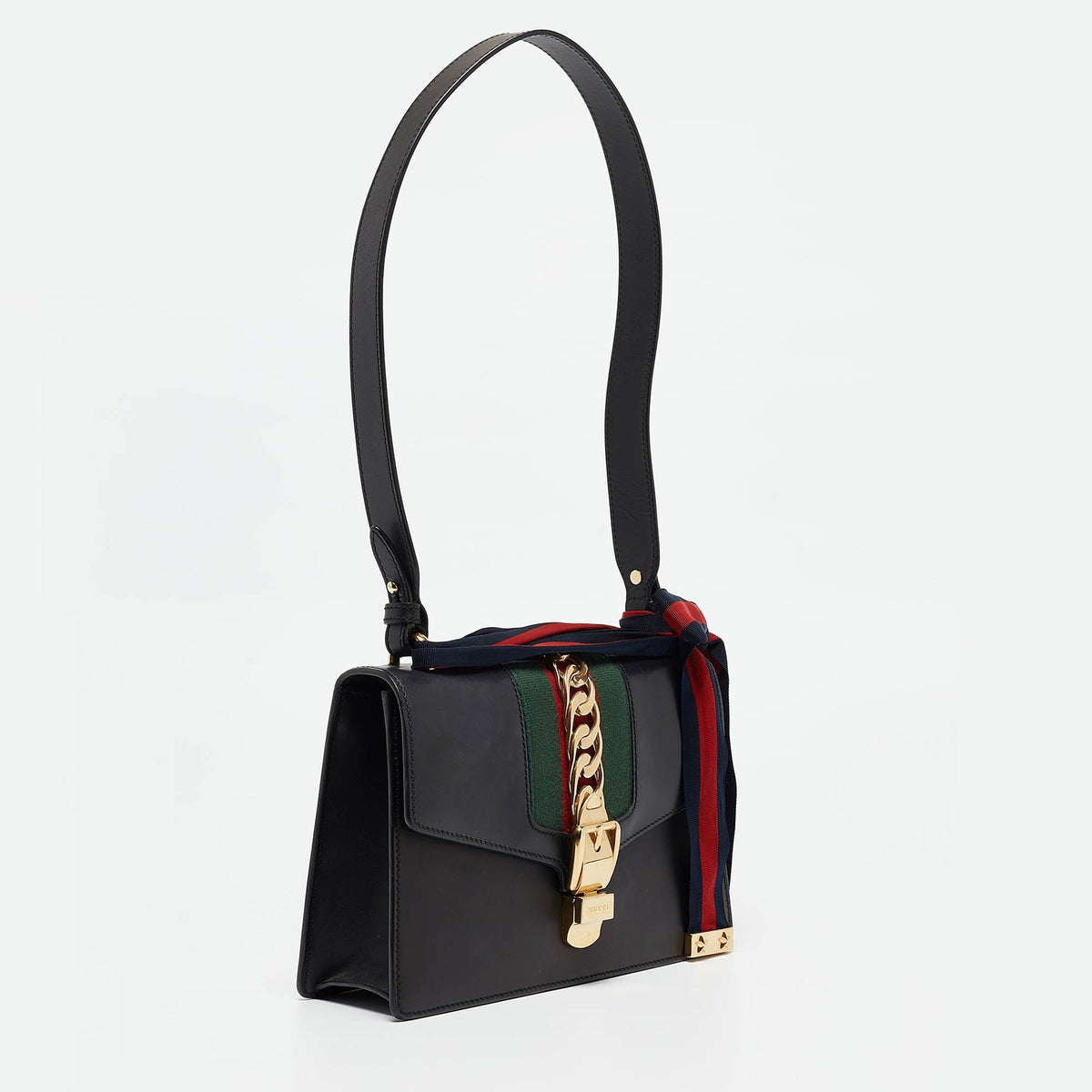 GUCCI Black Leather Small Web Sylvie Shoulder Bag