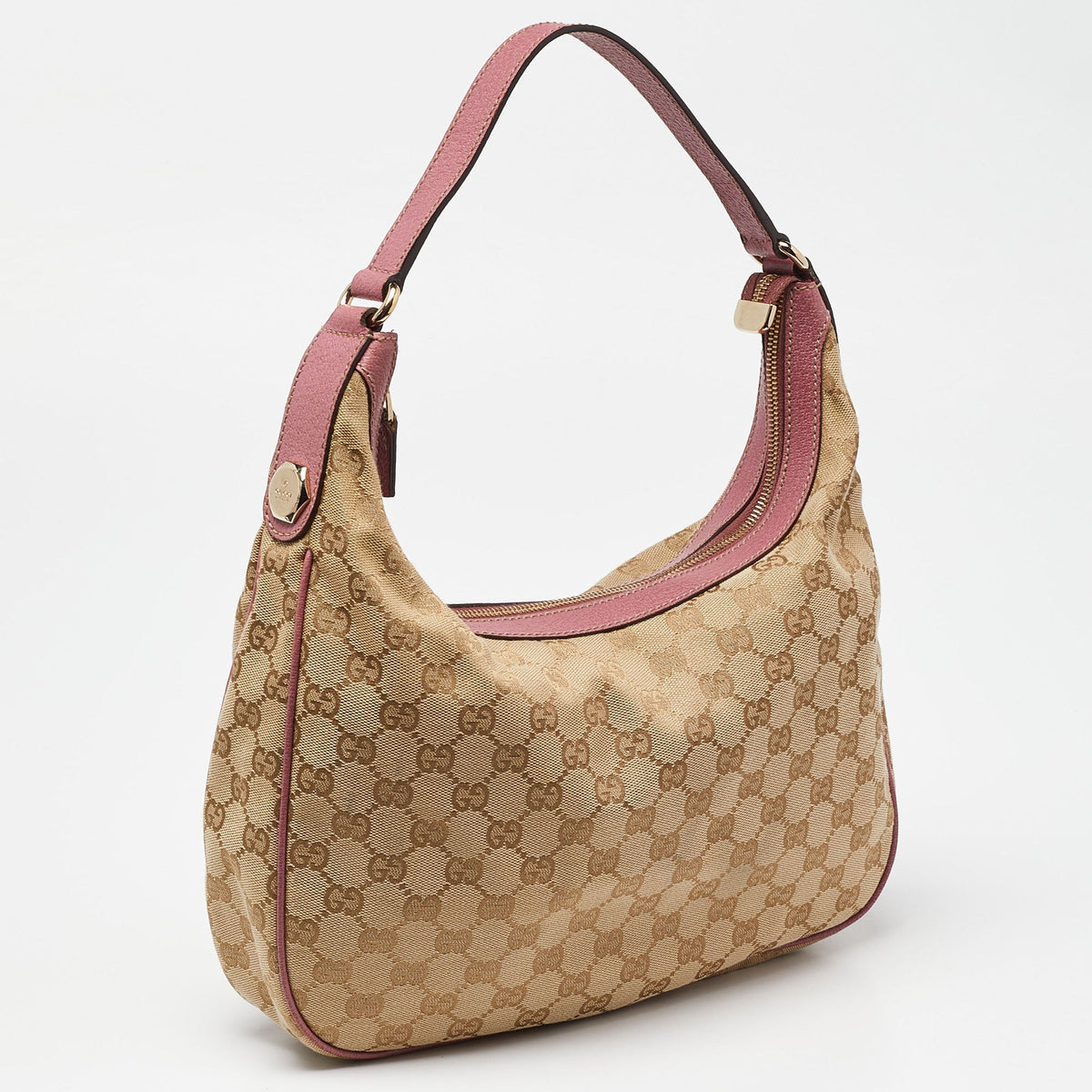 GUCCI Beige/Pink GG Canvas and Leather Hobo