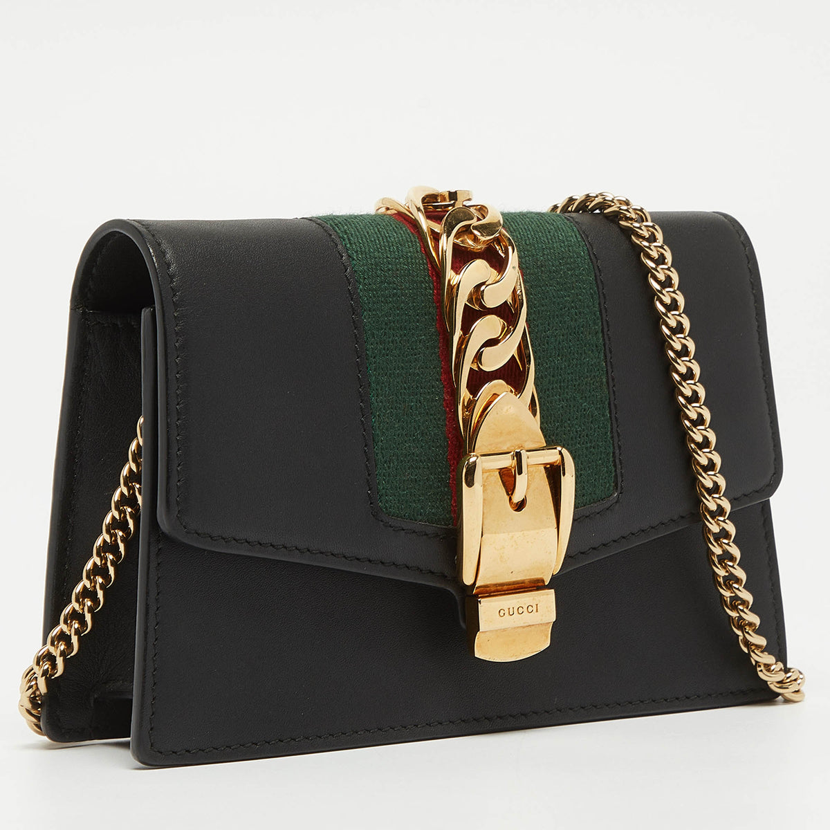 GUCCI Black Leather Super Mini Sylvie Chain Shoulder Bag