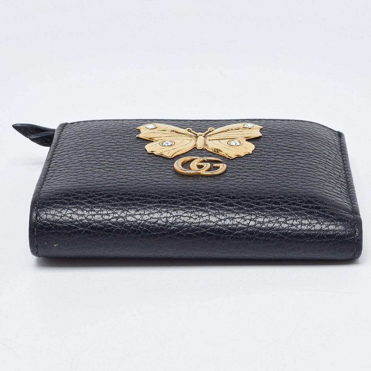 GUCCI Black Leather GG Marmont Butterfly Bifold Zip Wallet