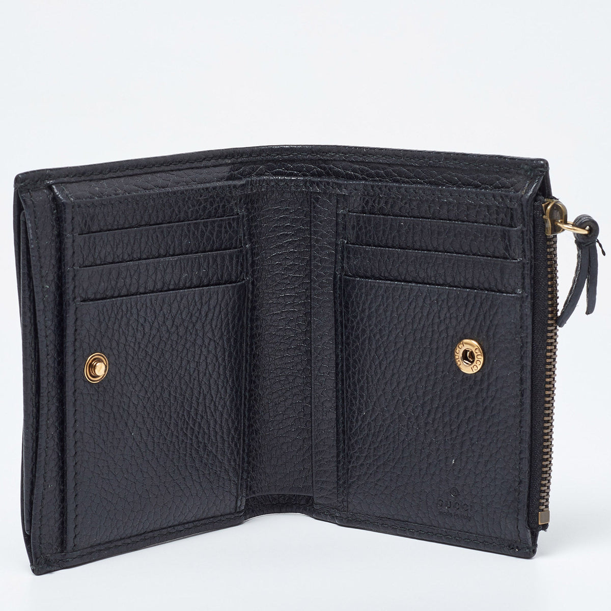 GUCCI Black Leather GG Marmont Butterfly Bifold Zip Wallet