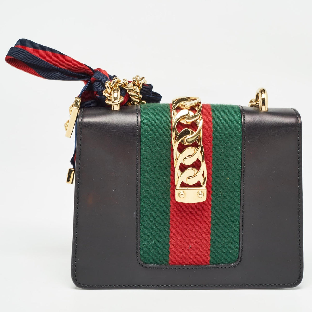 GUCCI Black Leather Mini Web Chain Sylvie Crossbody Bag