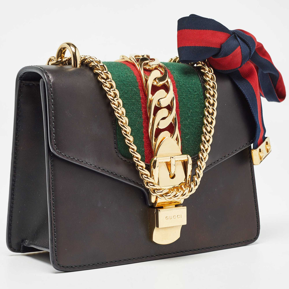 GUCCI Black Leather Mini Web Chain Sylvie Crossbody Bag