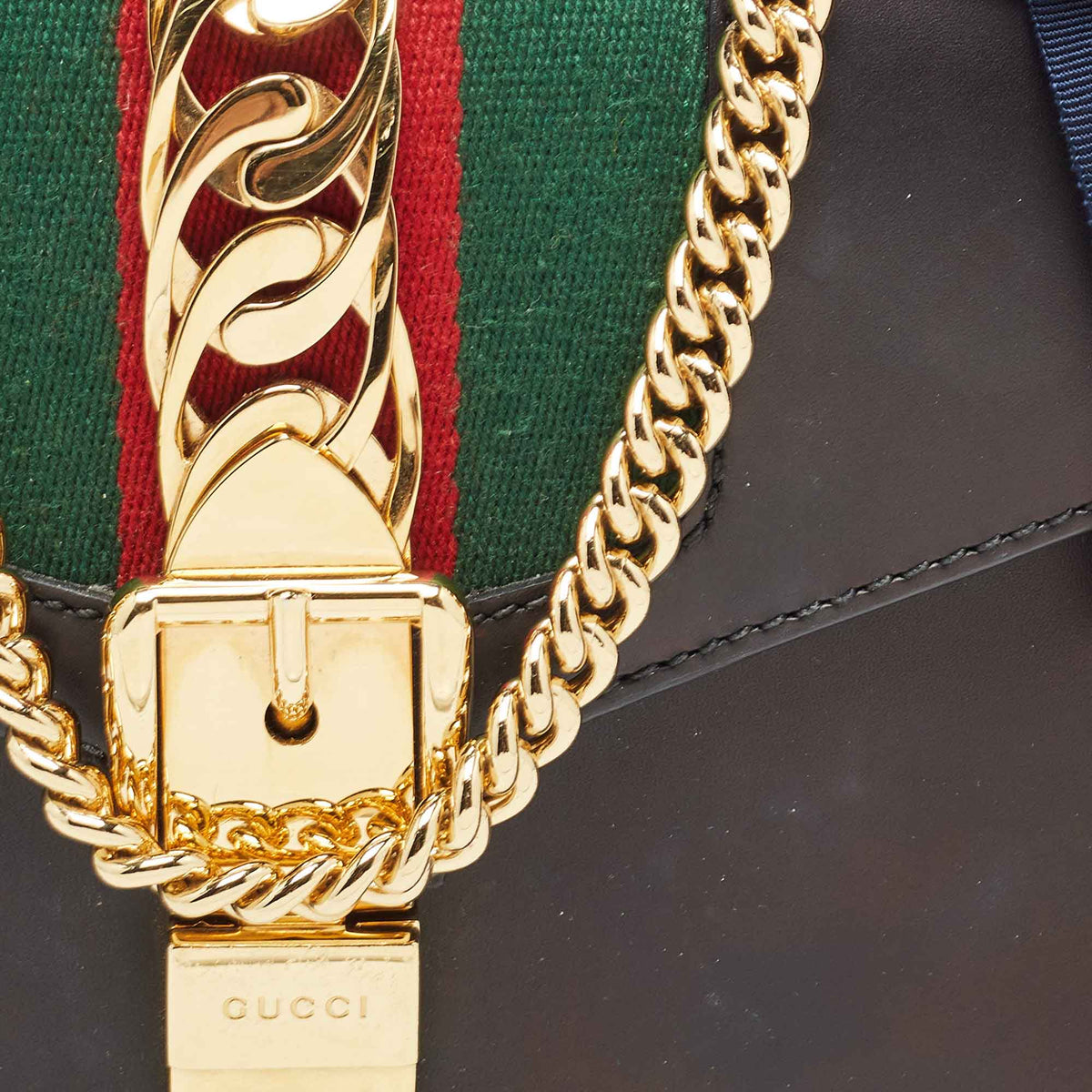 GUCCI Black Leather Mini Web Chain Sylvie Crossbody Bag