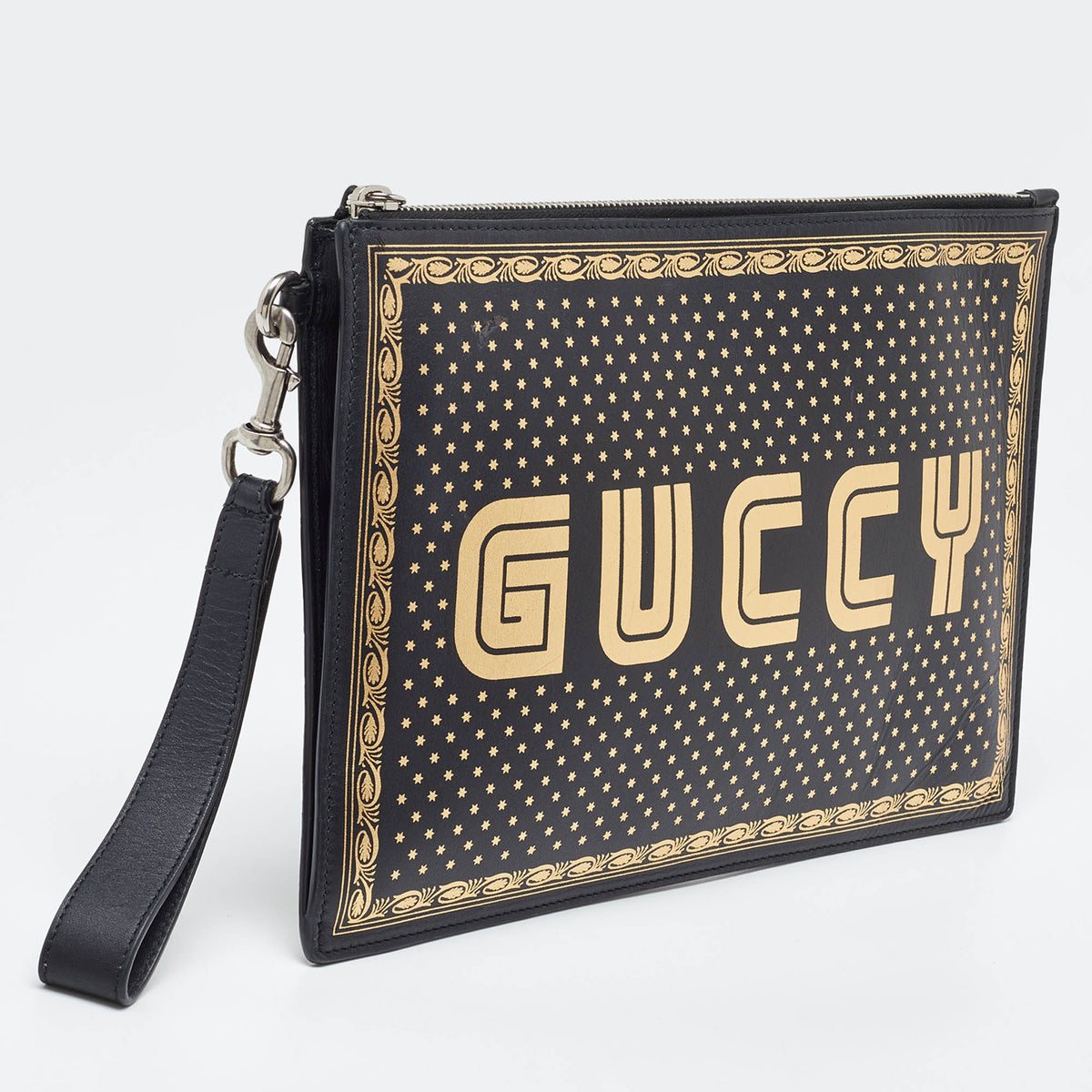 GUCCI Black Leather Guccy Star Wristlet Pouch