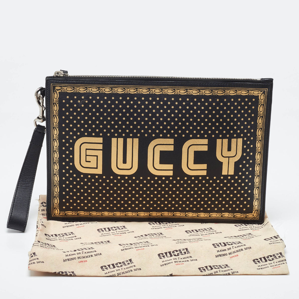 GUCCI Black Leather Guccy Star Wristlet Pouch