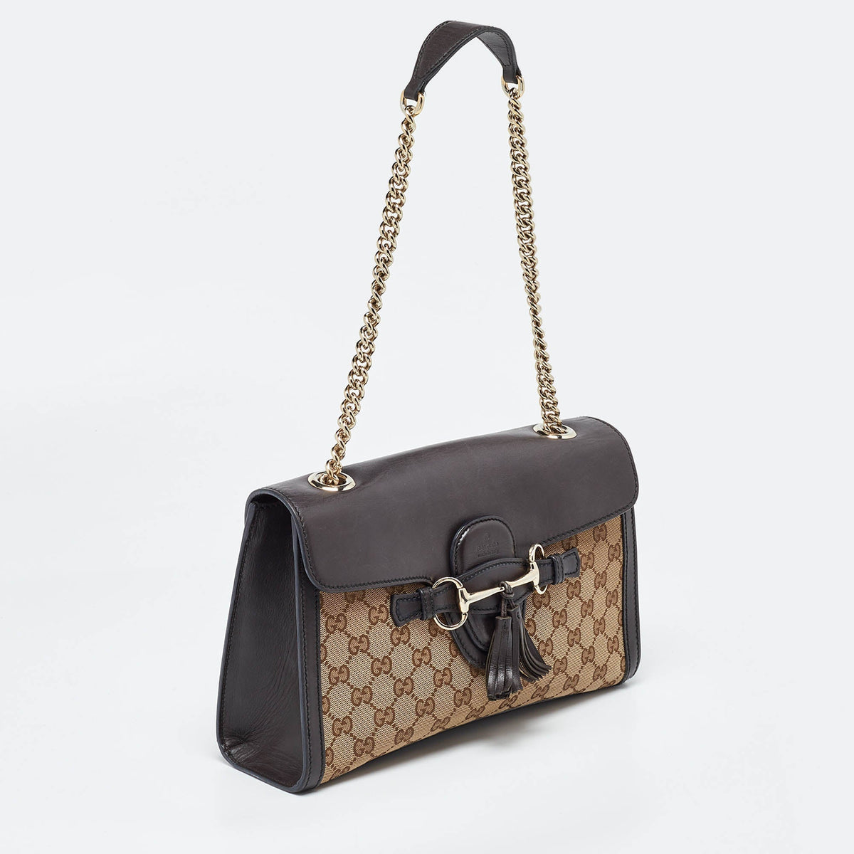 GUCCI Beige/Brown GG Canvas and Leather Medium Emily Chain Shoulder Bag