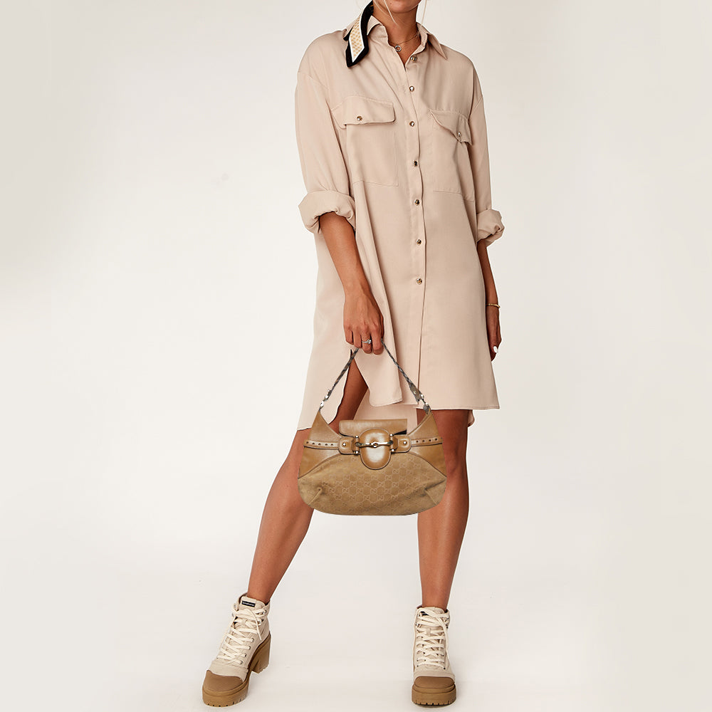 GUCCI Beige GG Suede and Leather Pelham Flap Hobo