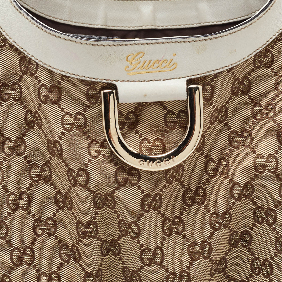 GUCCI Beige/White GG Canvas and Leather Large Abbey D Ring Shoulder Bag