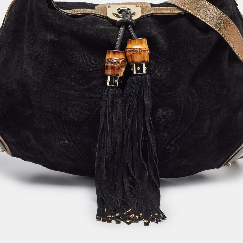 GUCCI Black/Gold Hysteria Embossed Suede Large Indy Hobo
