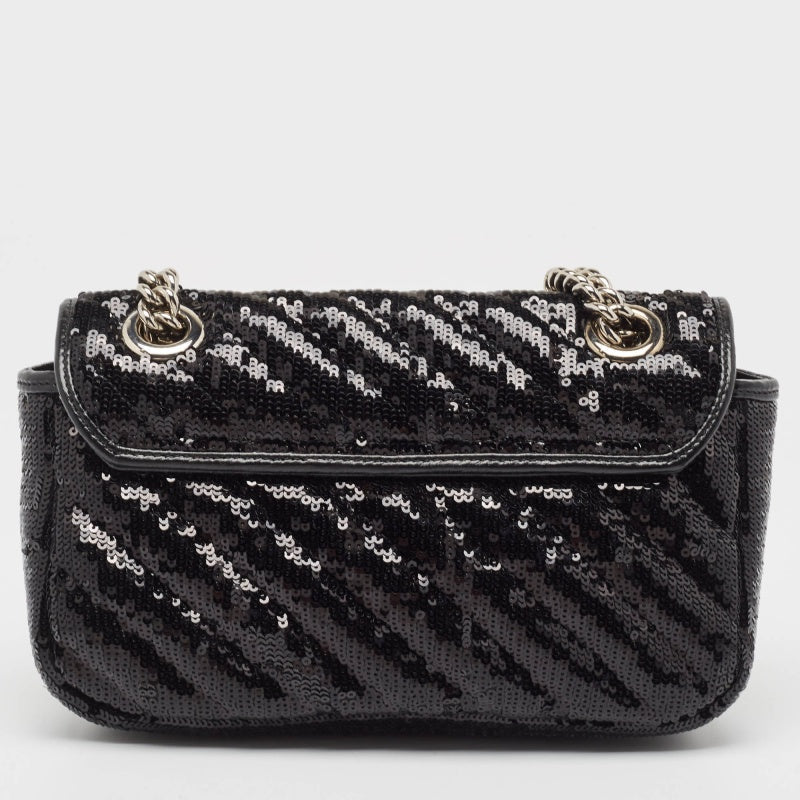 GUCCI Black Diagonal Sequins and Leather Mini GG Marmont Shoulder Bag