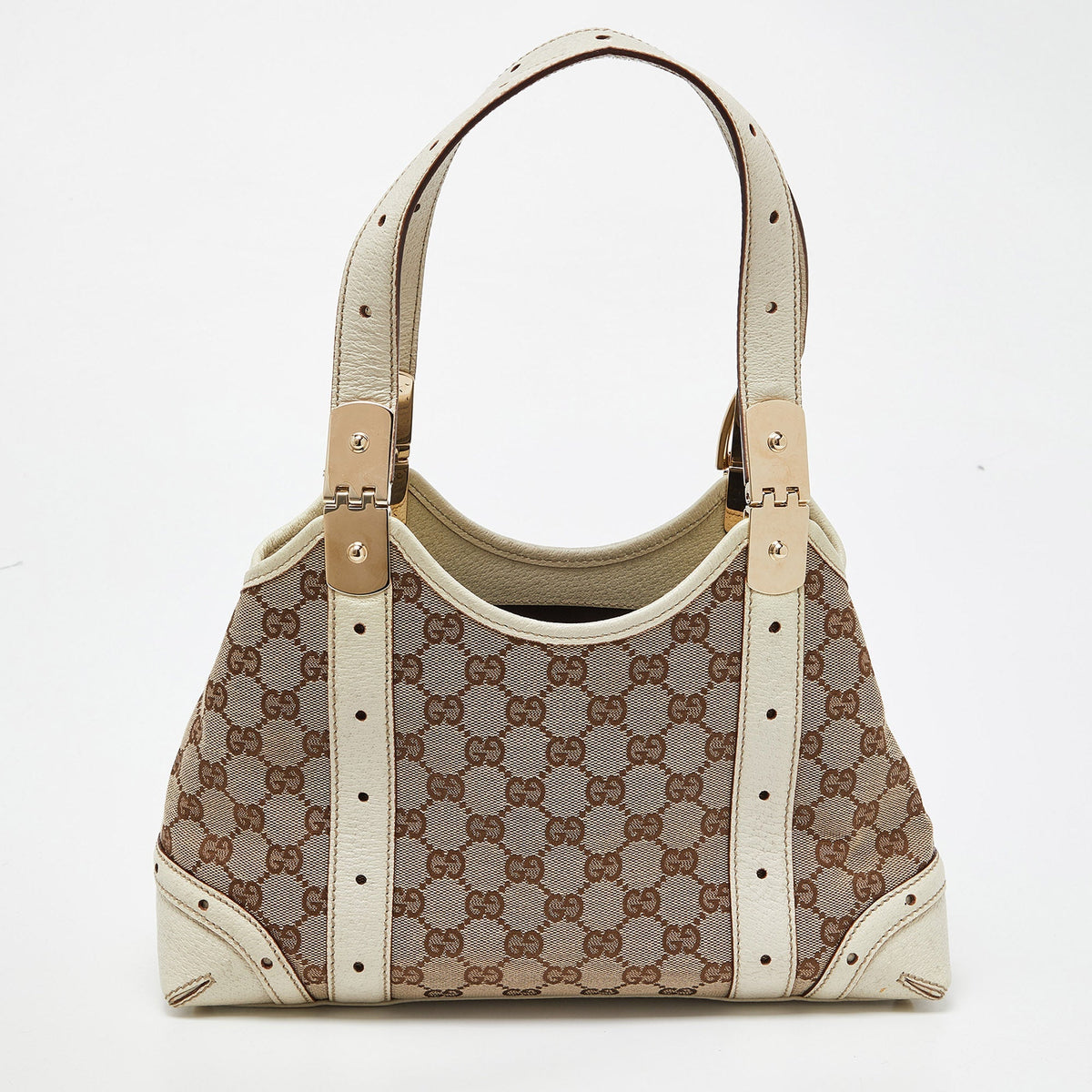 GUCCI Off-White/Beige Monogram Canvas and Leather Metal Buckle Shoulder Bag
