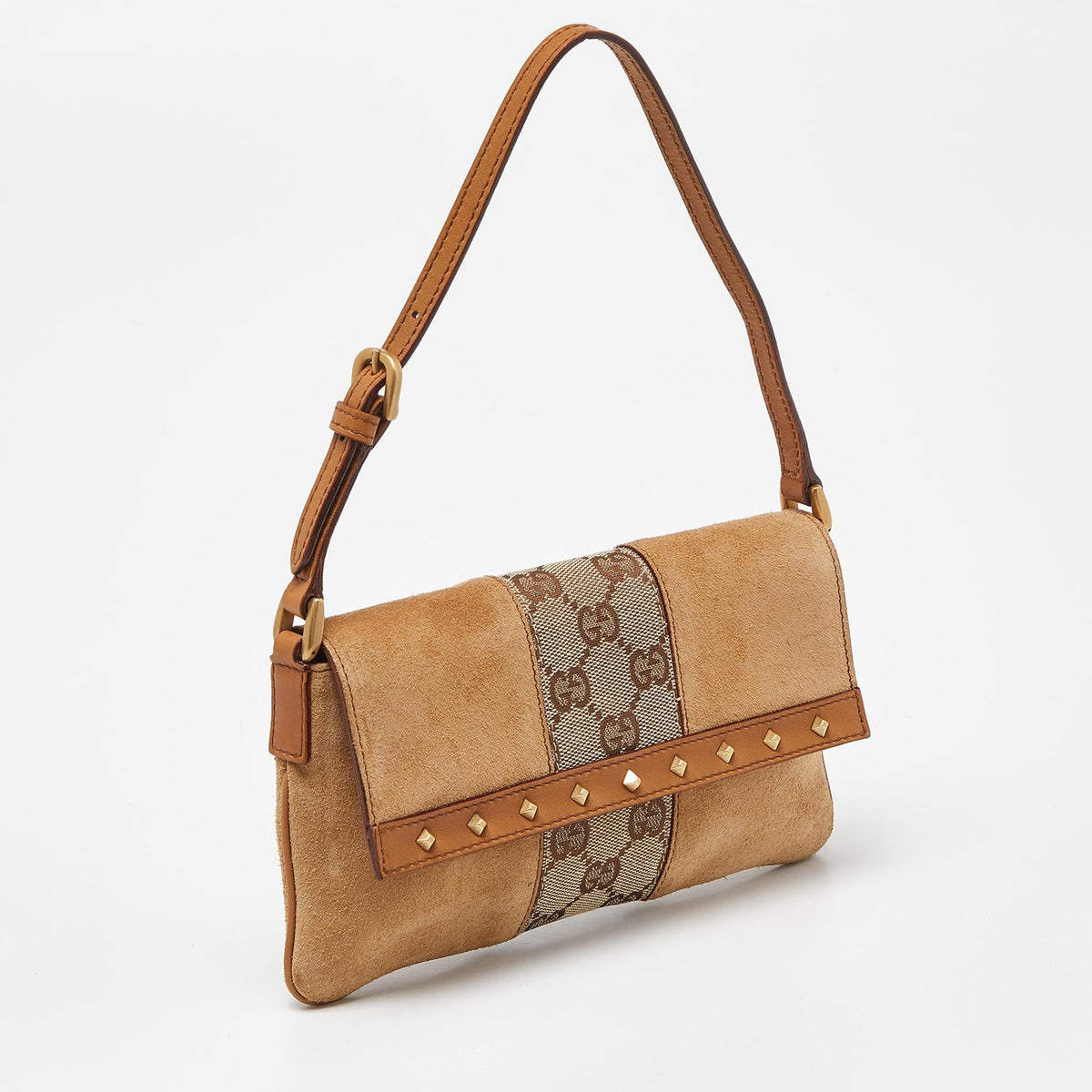 GUCCI Two Tone Beige GG Canvas, Suede and Leather Flap Pochette