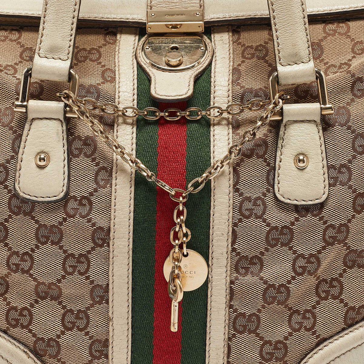 GUCCI Off White/Beige GG Canvas and Leather Web Treasure Boston Bag