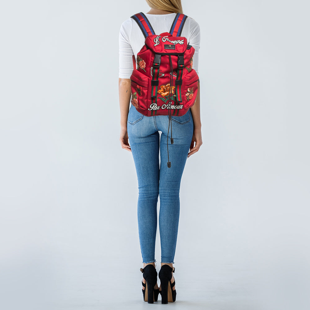 GUCCI Red Techno Canvas L'Aveugle Par Amour Embroidered Double Buckle Backpack