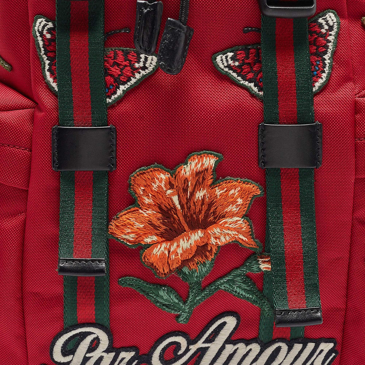 GUCCI Red Techno Canvas L'Aveugle Par Amour Embroidered Double Buckle Backpack