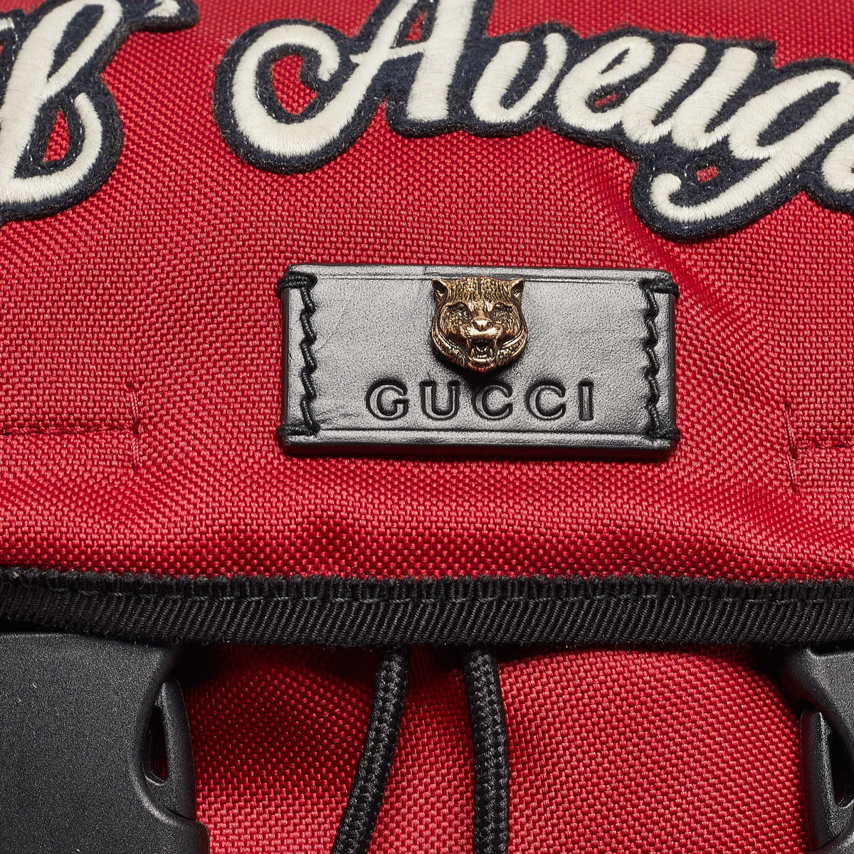 GUCCI Red Techno Canvas L'Aveugle Par Amour Embroidered Double Buckle Backpack
