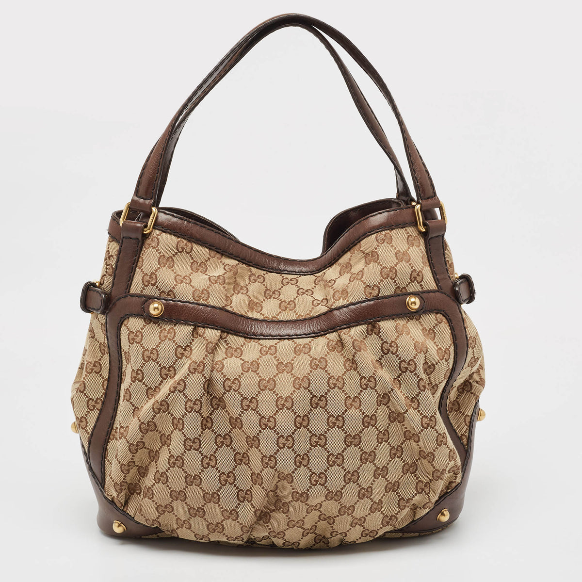 GUCCI Brown/Beige GG Canvas and Leather Horsebit Jockey Tote