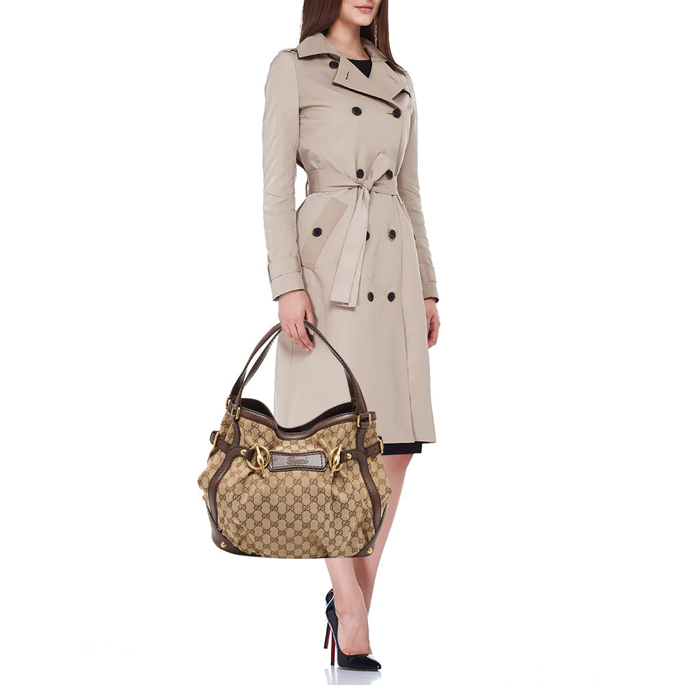 GUCCI Brown/Beige GG Canvas and Leather Horsebit Jockey Tote