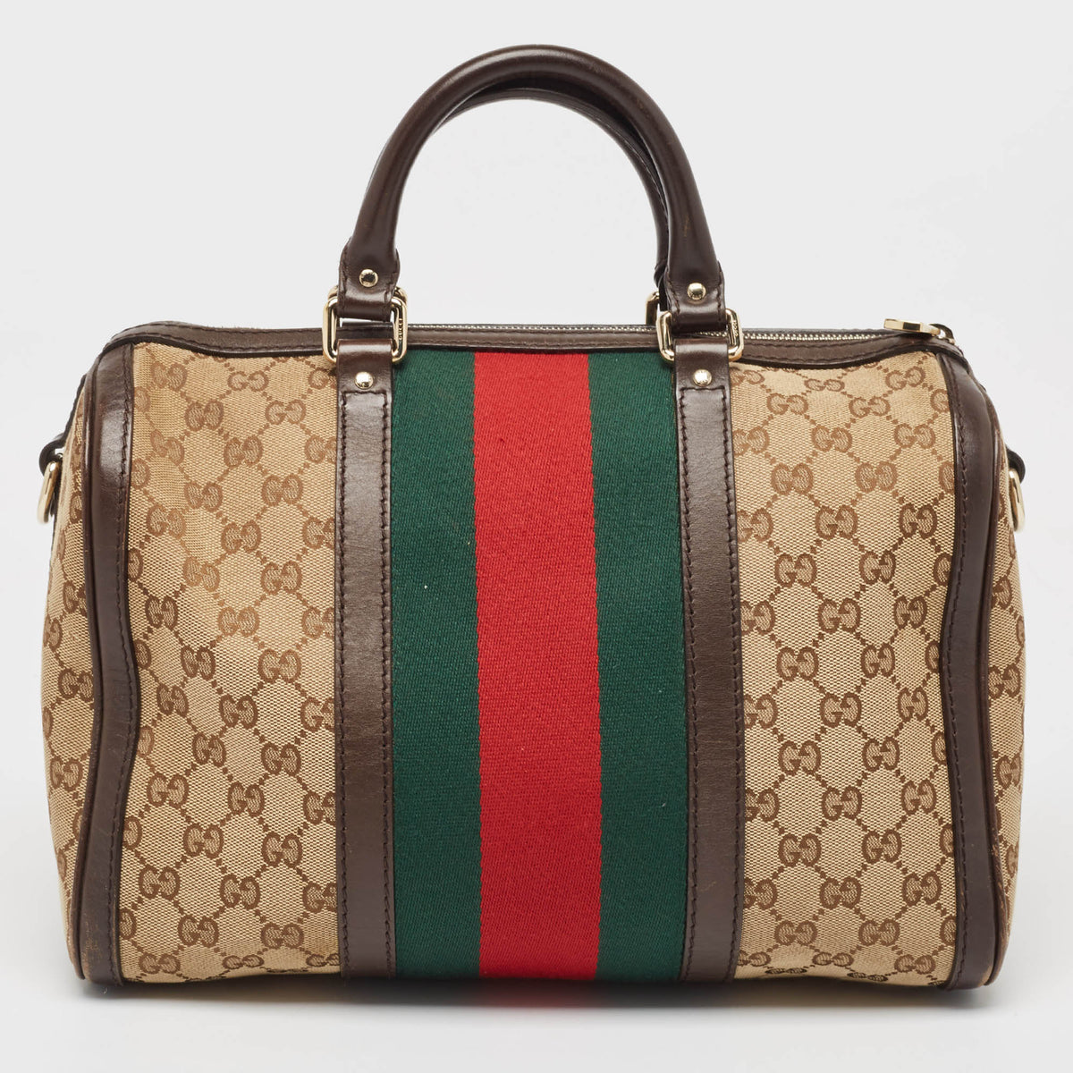 GUCCI Brown/Beige GG Canvas and Leather Joy Web Boston Bag