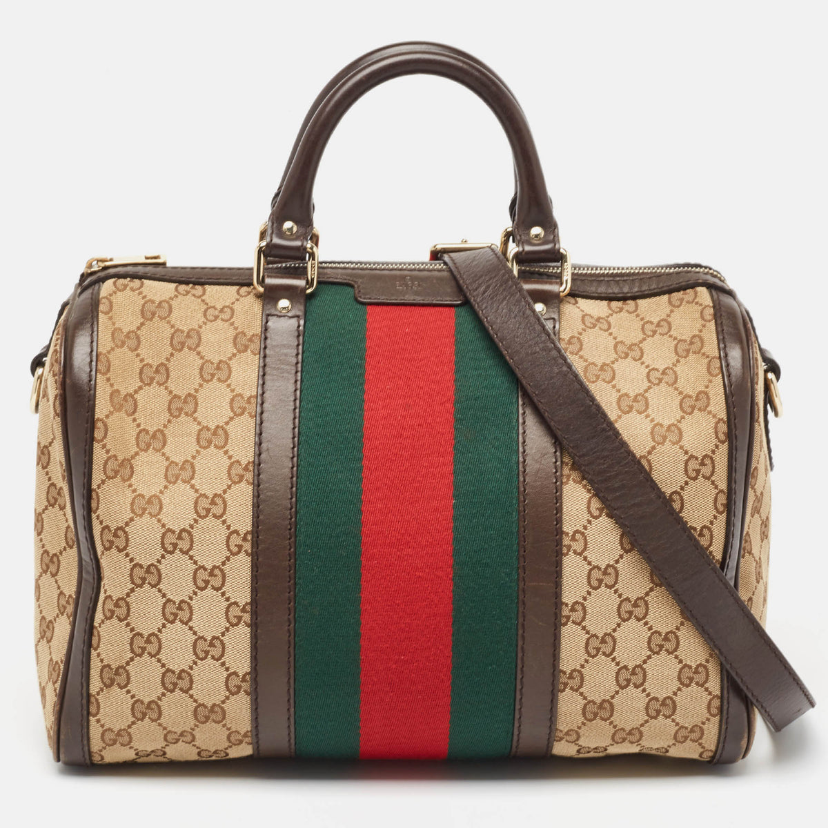 GUCCI Brown/Beige GG Canvas and Leather Joy Web Boston Bag