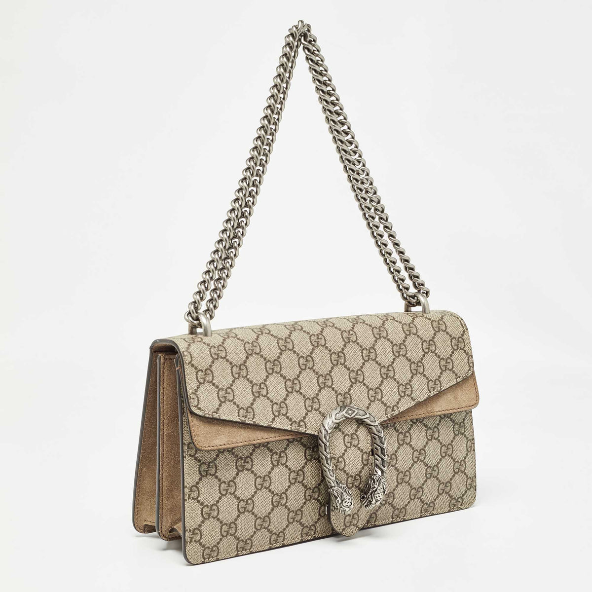 GUCCI Beige GG Supreme Canvas and Suede Small Dionysus Shoulder Bag