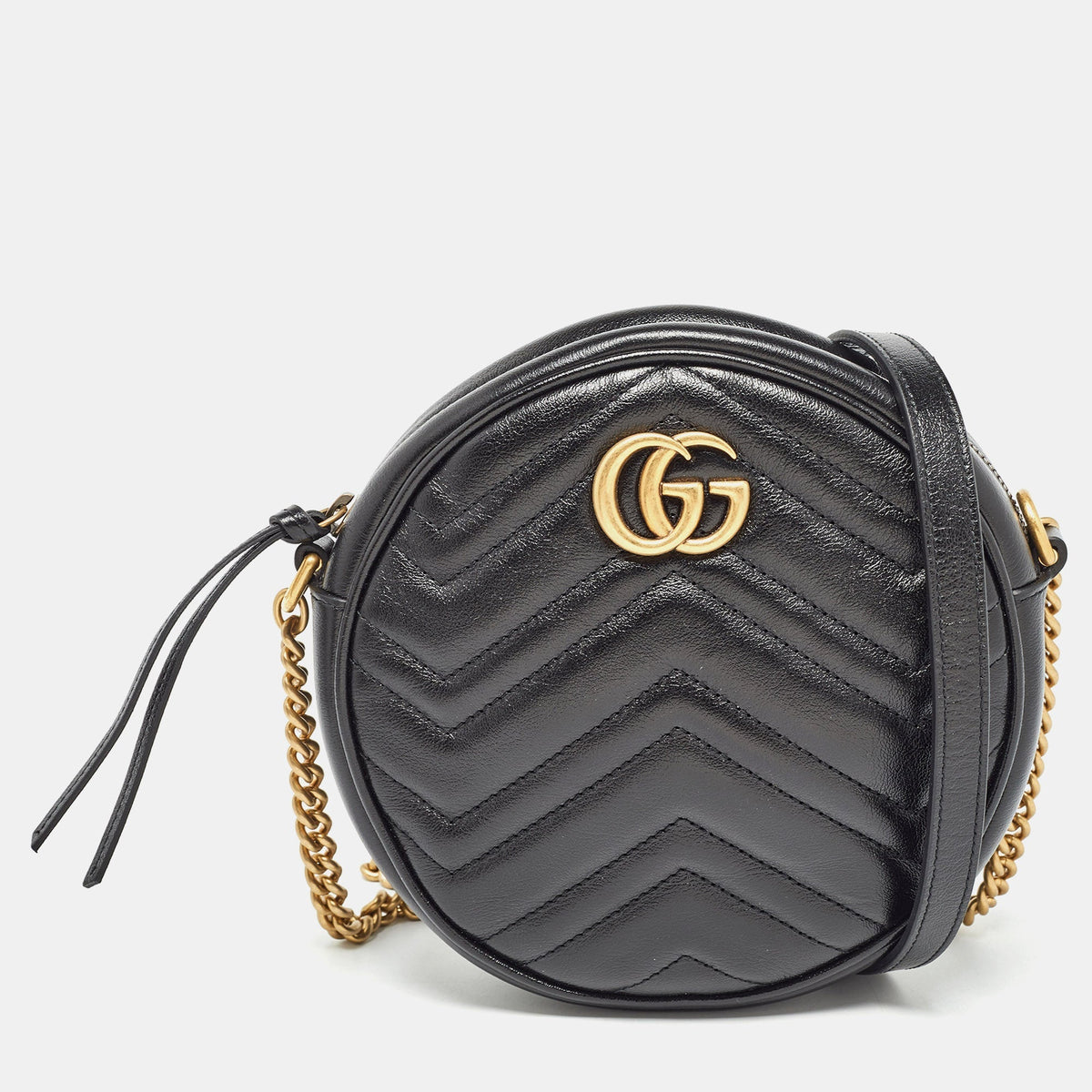 GUCCI Black Matelasse Leather Mini GG Marmont Round Shoulder Bag