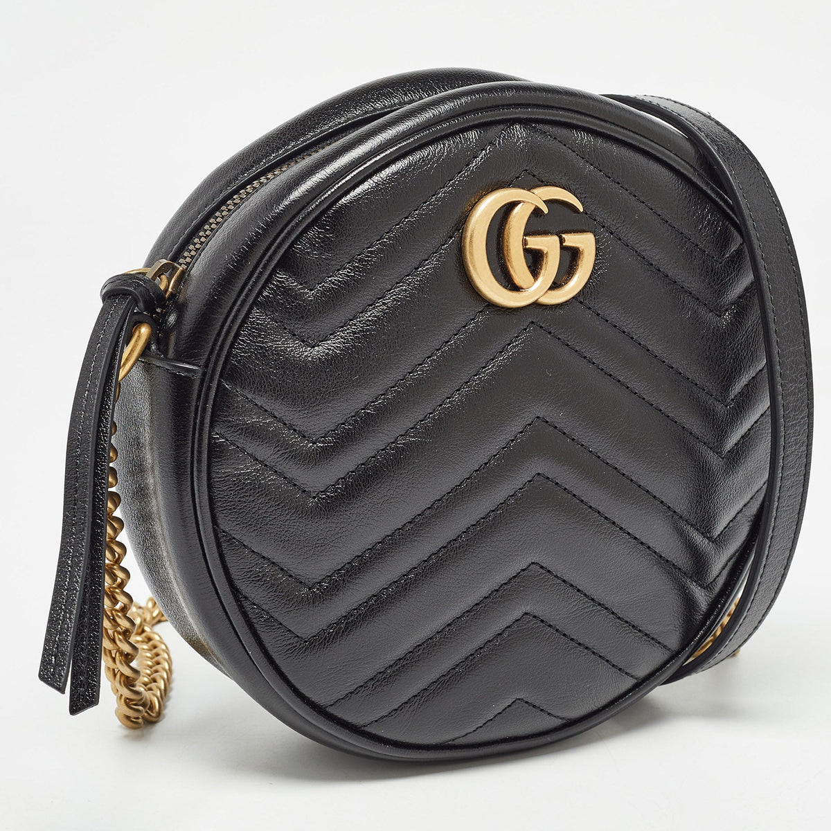 GUCCI Black Matelasse Leather Mini GG Marmont Round Shoulder Bag
