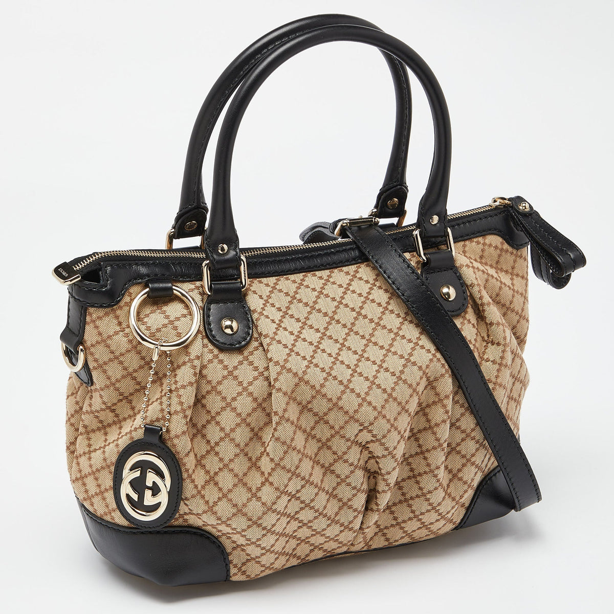 GUCCI Black/Beige Diamond Canvas and Leather Medium Sukey Tote
