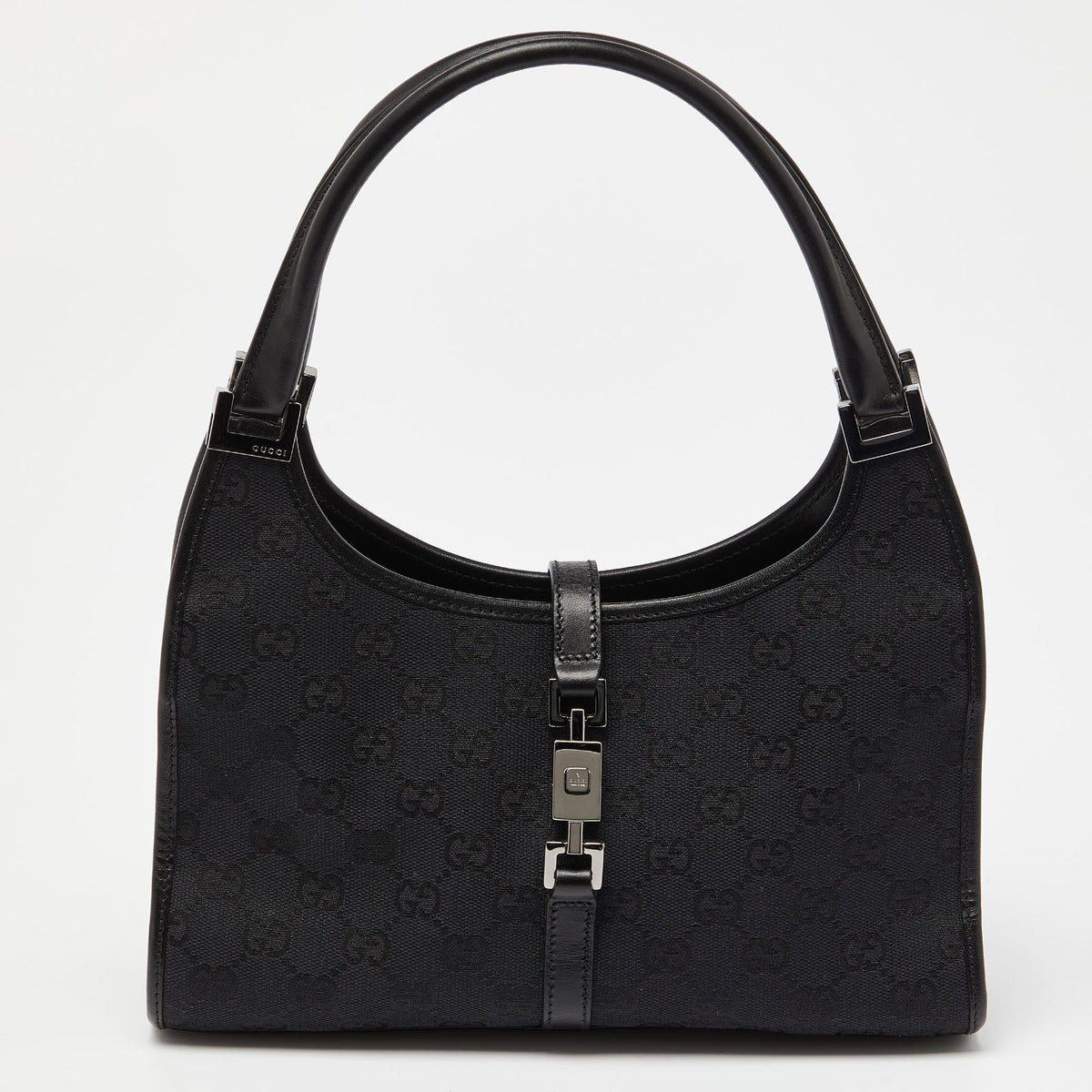 GUCCI Black GG Canvas and Leather Small Bardot Bag