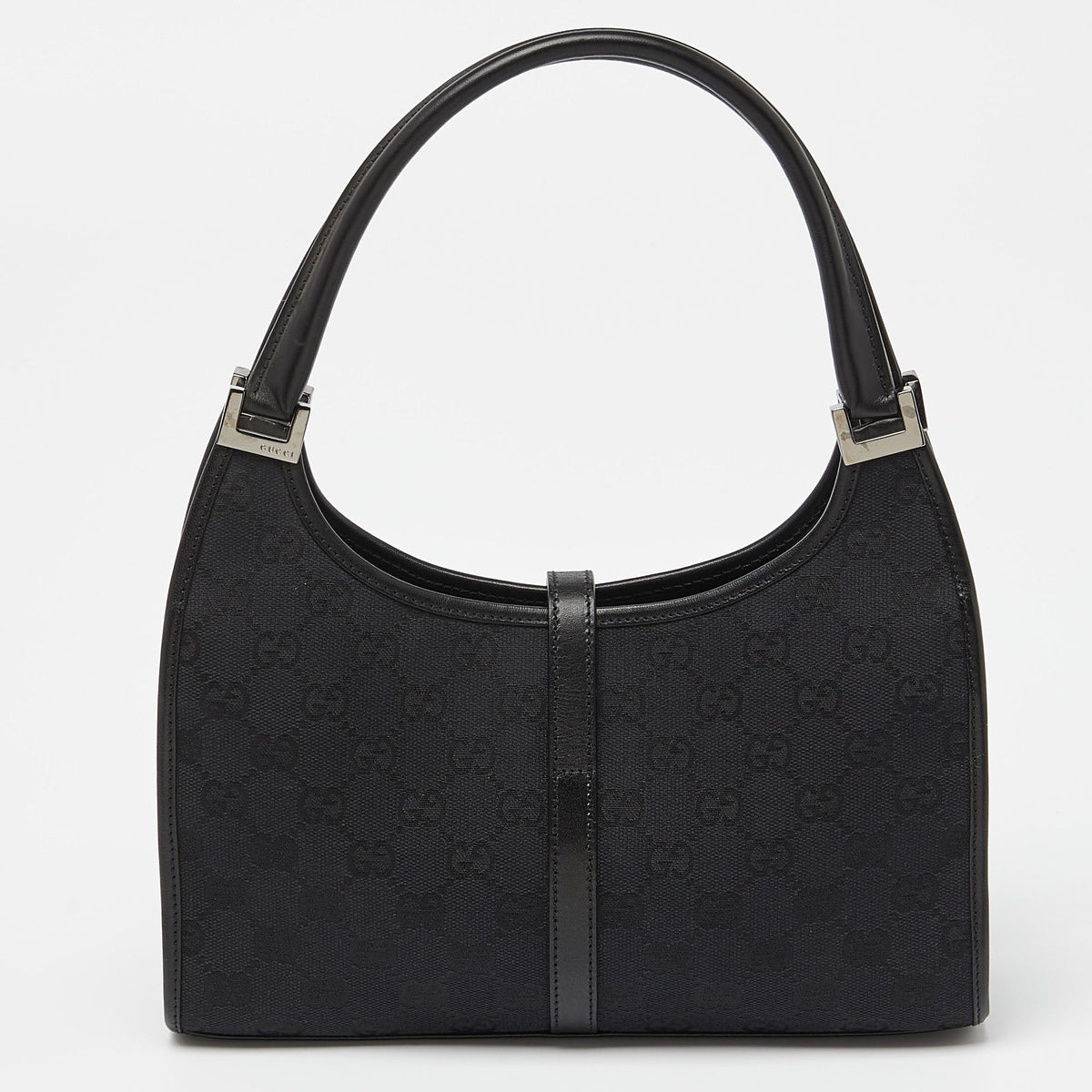 GUCCI Black GG Canvas and Leather Small Bardot Bag