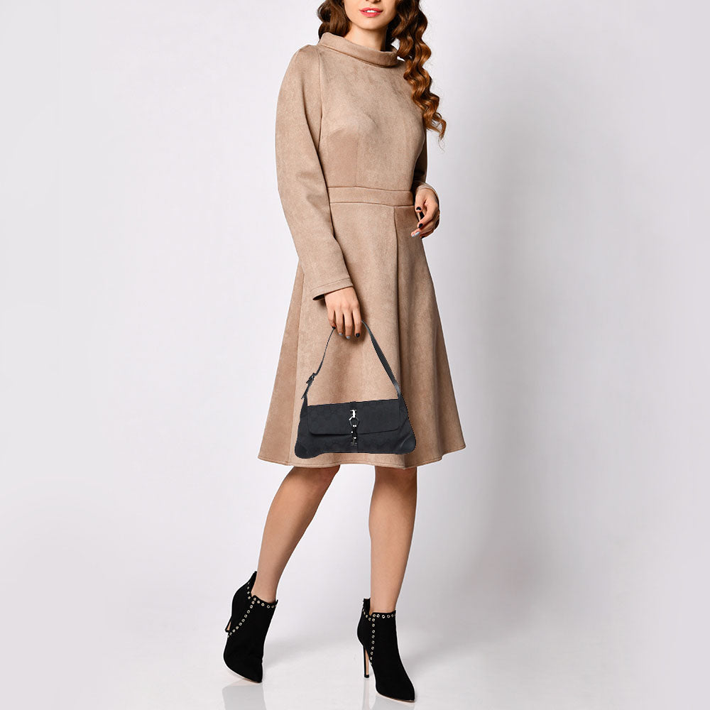 GUCCI Black GG Canvas and Leather Jackie O Hobo